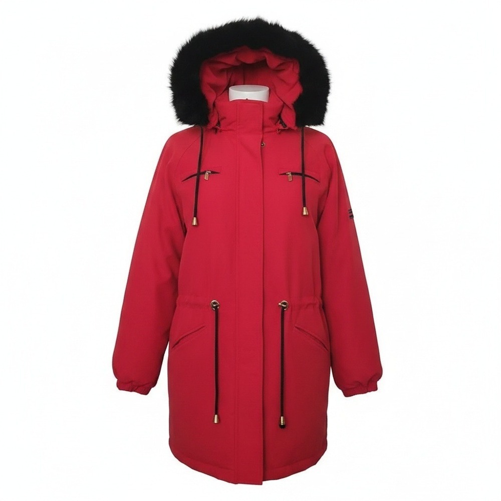 Damselle Vintage Retro Red Parka Jacket Removable Faux Fur Trim Hood Coat XL
